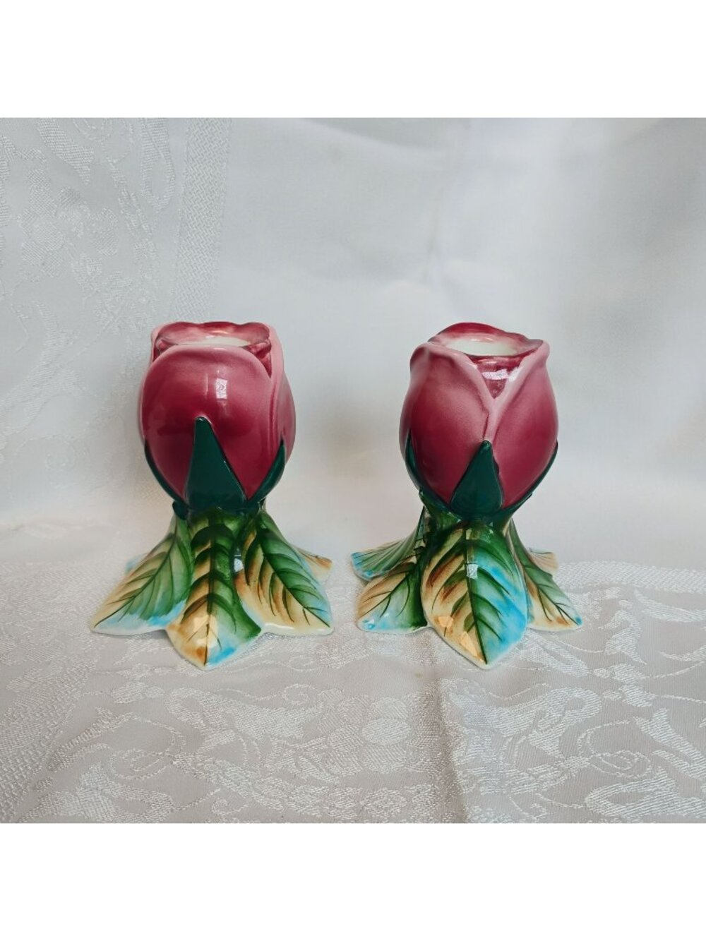Vintage Lefton Americana Rose Candle Holders, Cottagecore Decor, 1950s Japan